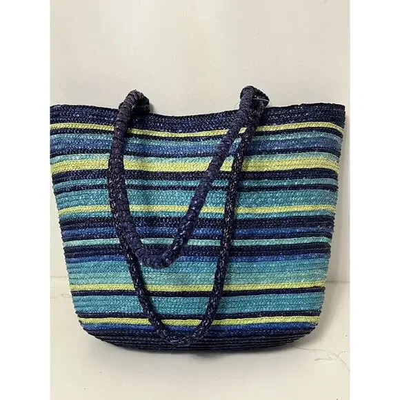 Faded Glory Wheat Straw Multi Striped Tote/Shoulder/Beach Bag NWOT - Picture 2 of 5